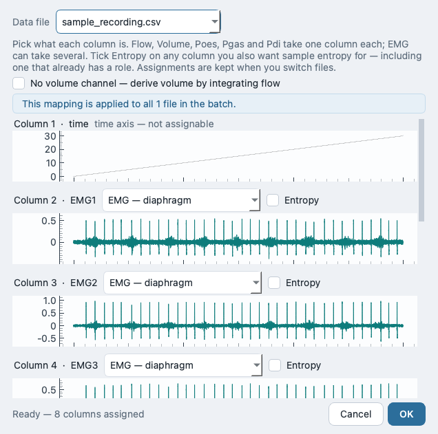 The Assign-channels-from-data dialog: every data column stacked on a shared time axis, each with a role dropdown coloured by role and an independent Entropy tickbox